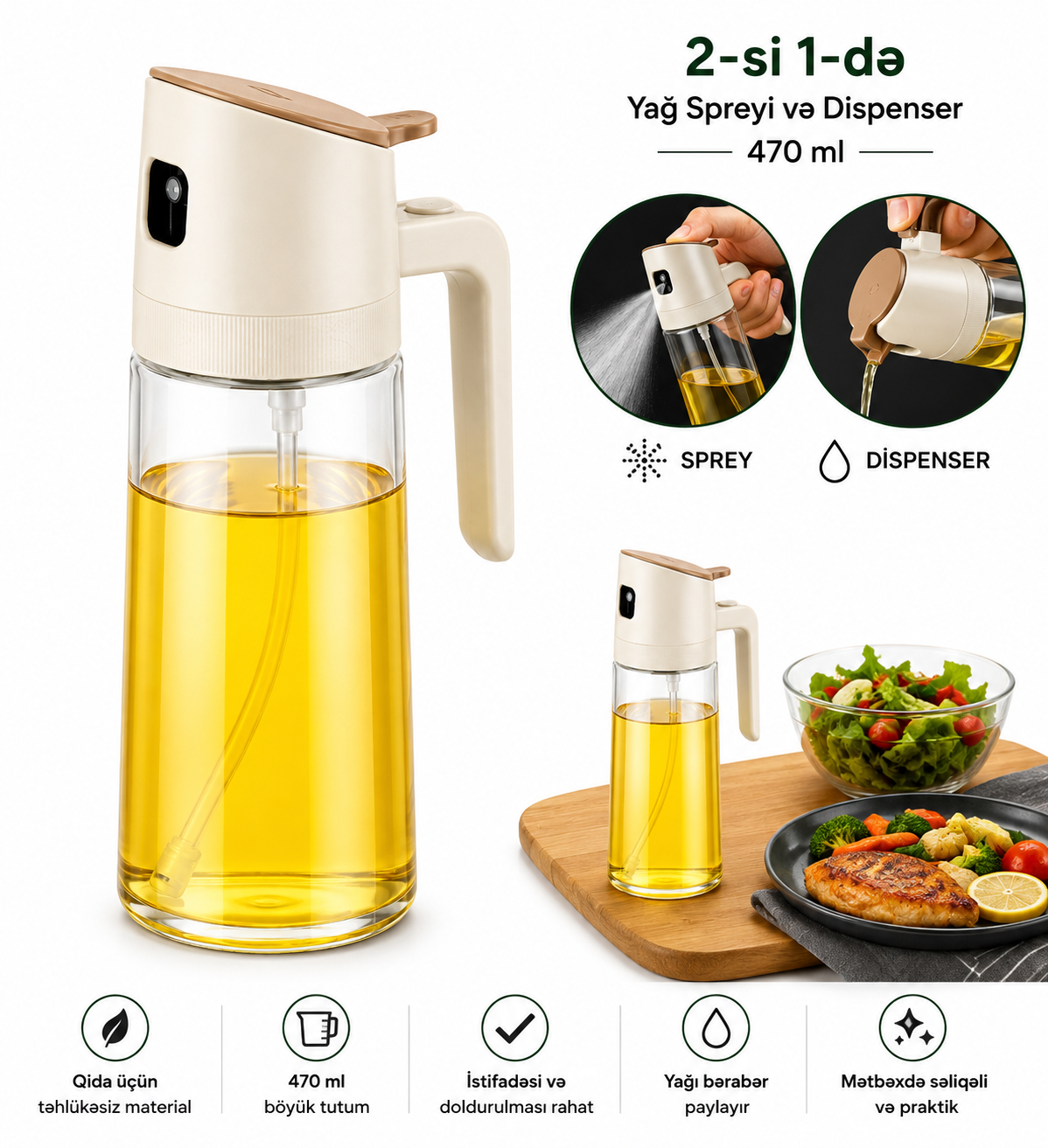 2-si 1-də Yağ Spreyi və Dispenser 470 ml – Mətbəx üçün Praktik
